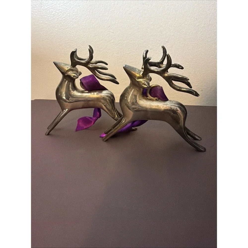 Vintage Pottery Barn Solid Silver Plate Reindeer Ornaments Pair Holiday Patina